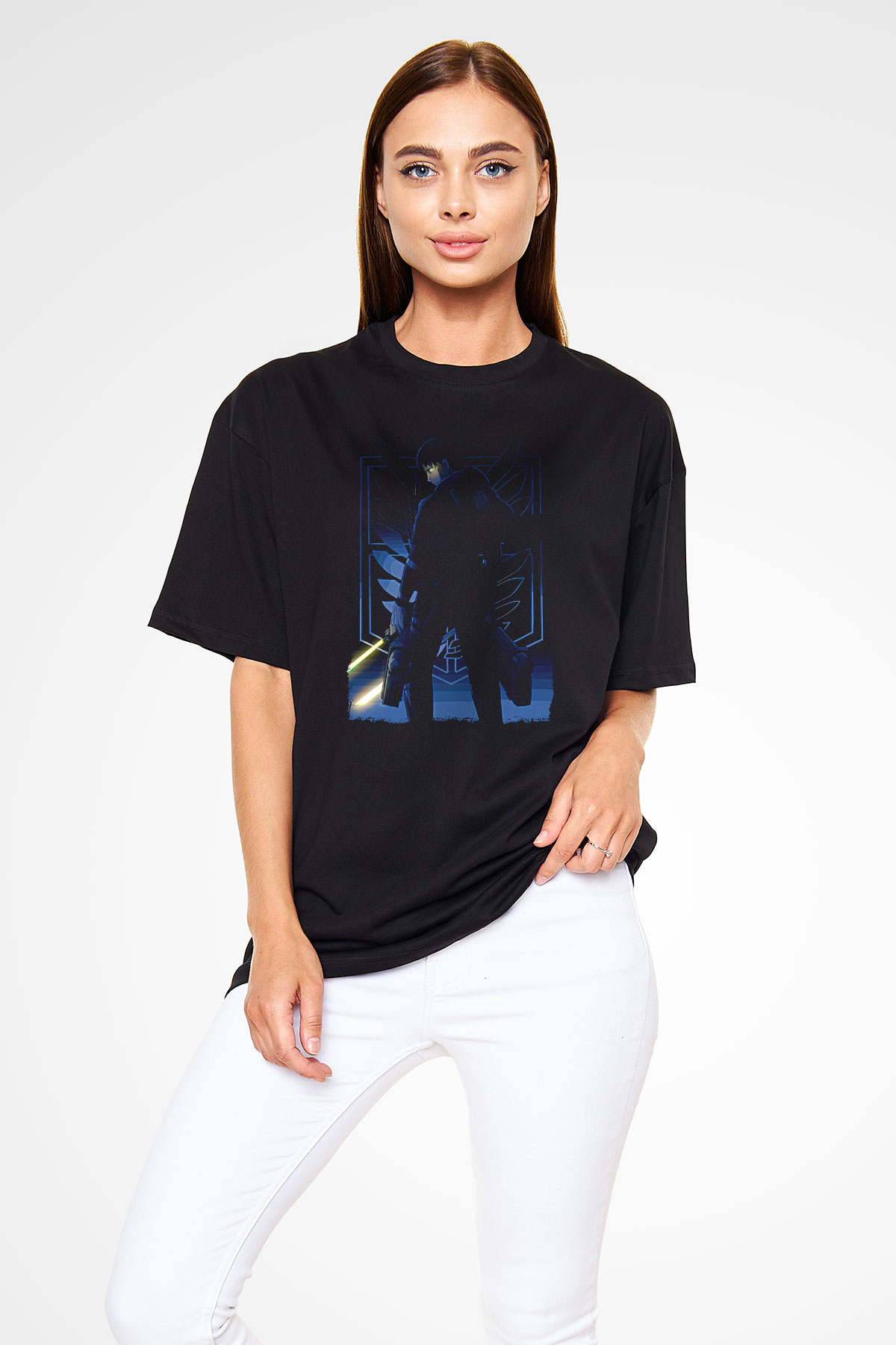 Attack On Titan Baskılı Unisex Siyah Oversize Tişört - Tshirt