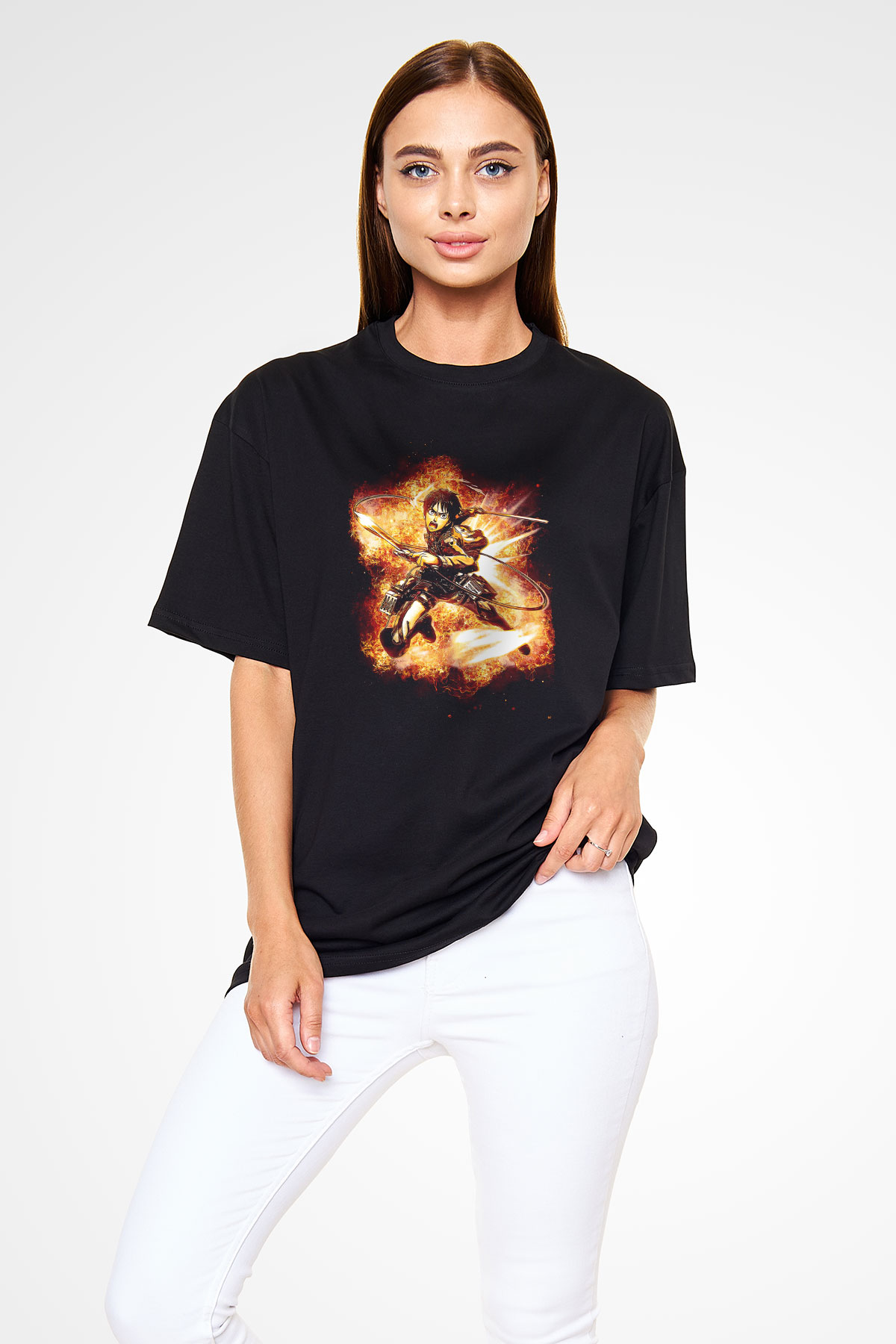 Attack On Titan Baskılı Unisex Siyah Oversize Tişört - Tshirt