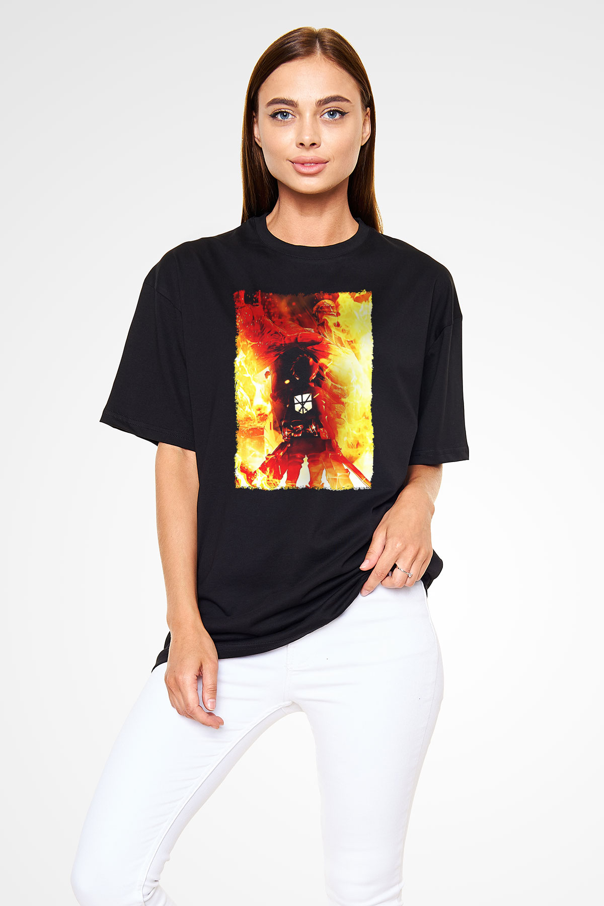 Attack On Titan Baskılı Unisex Siyah Oversize Tişört - Tshirt