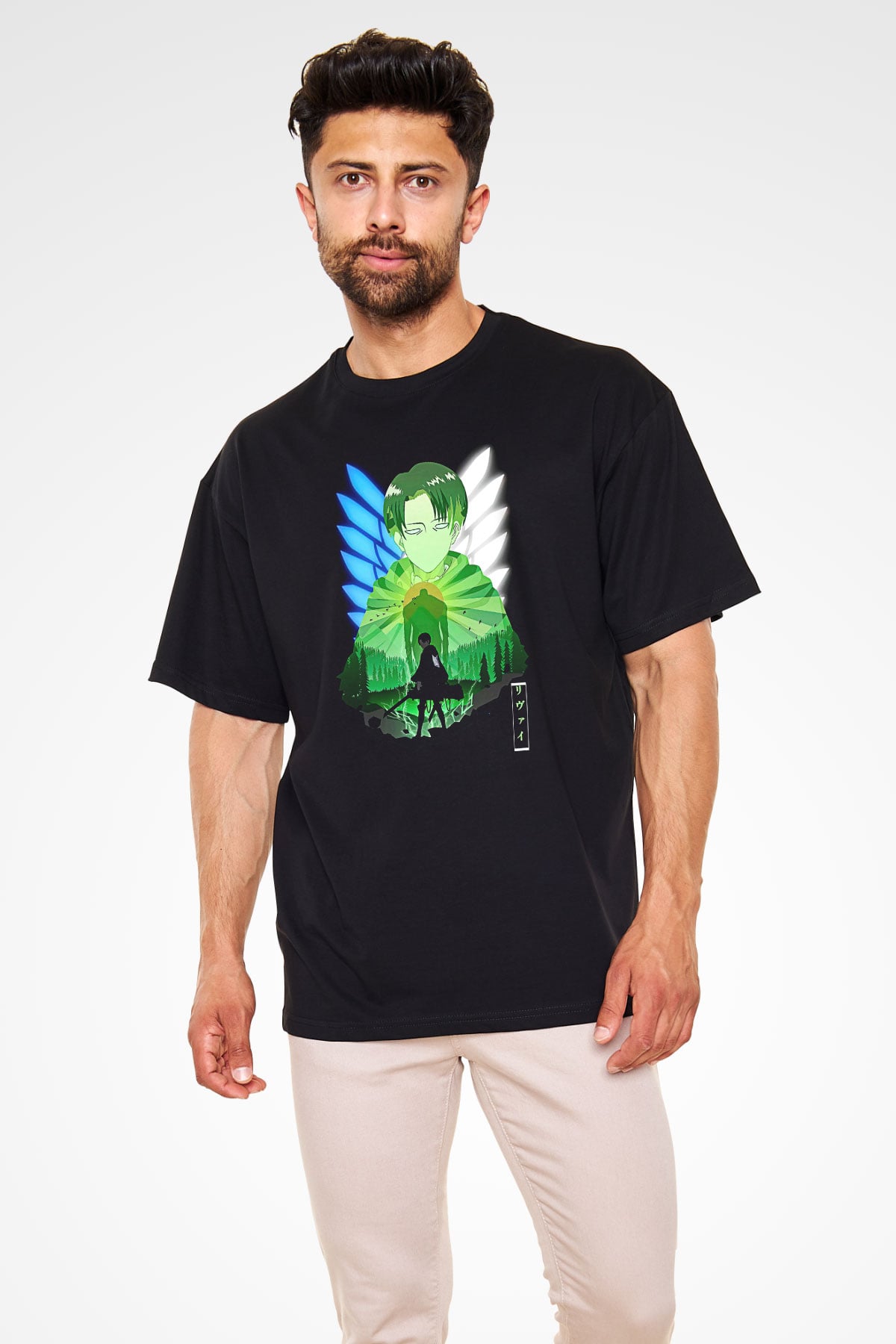Attack On Titan Baskılı Unisex Siyah Oversize Tişört - Tshirt