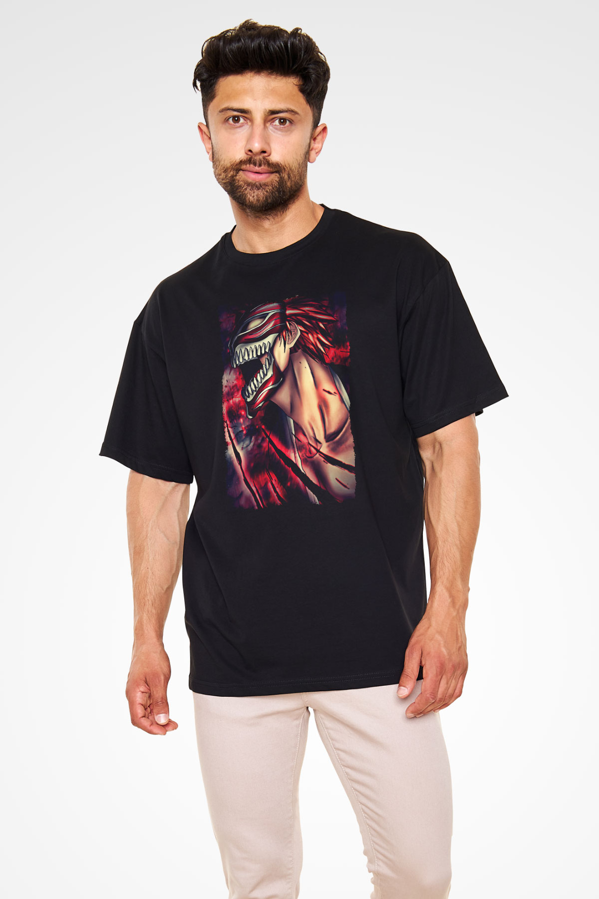 Attack On Titan Baskılı Unisex Siyah Oversize Tişört - Tshirt