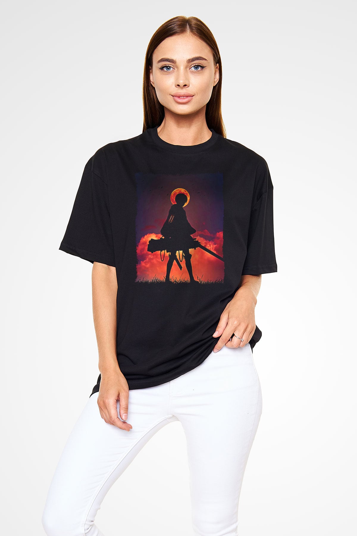 Attack On Titan Baskılı Unisex Siyah Oversize Tişört - Tshirt