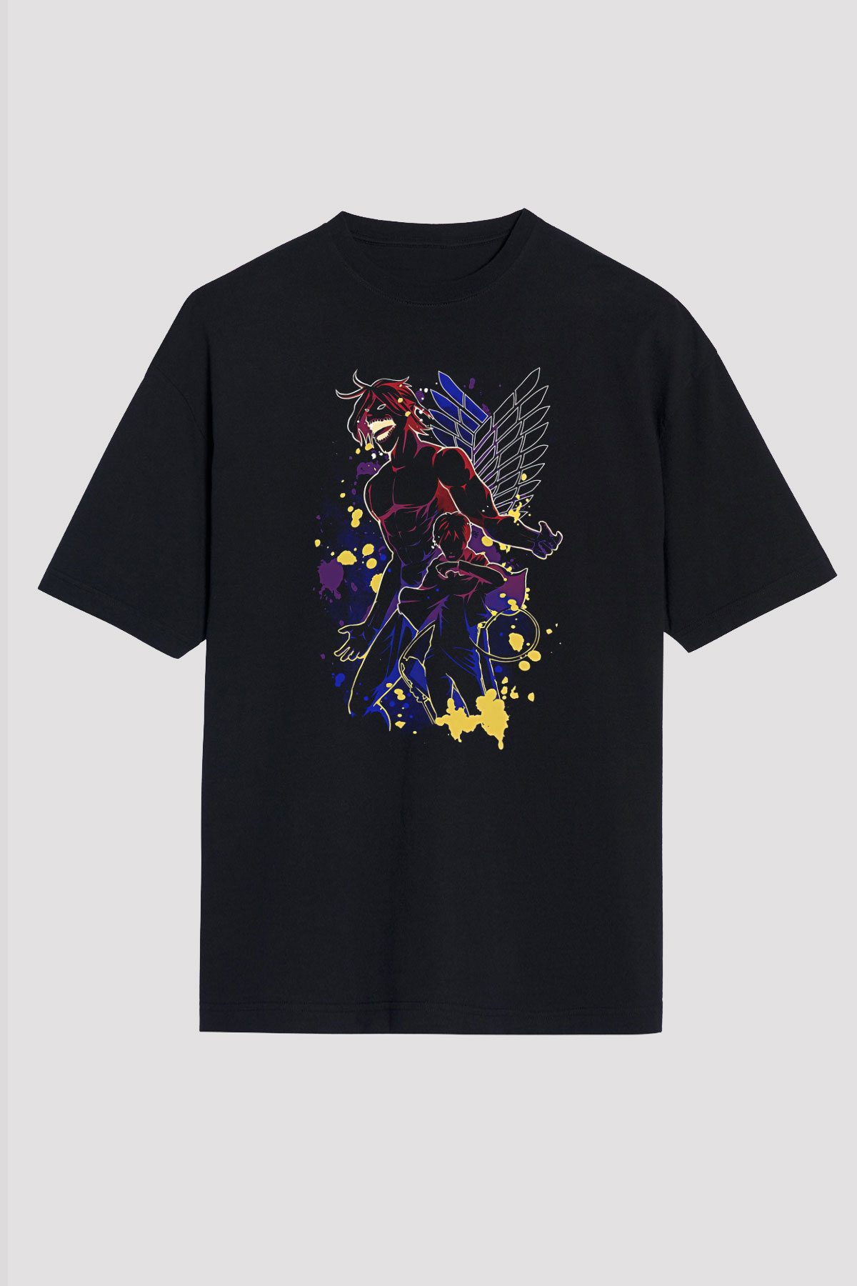 Attack On Titan Baskılı Unisex Siyah Oversize Tişört - Tshirt