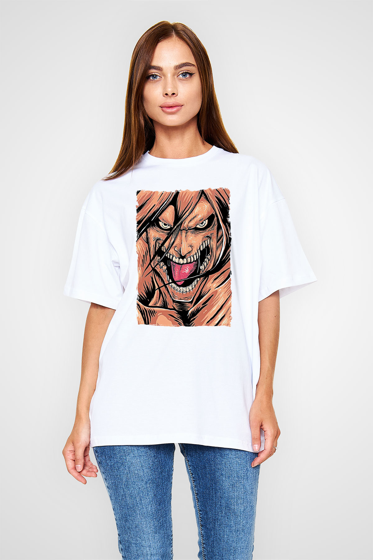 Attack On Titan Baskılı Unisex Siyah Oversize Tişört - Tshirt