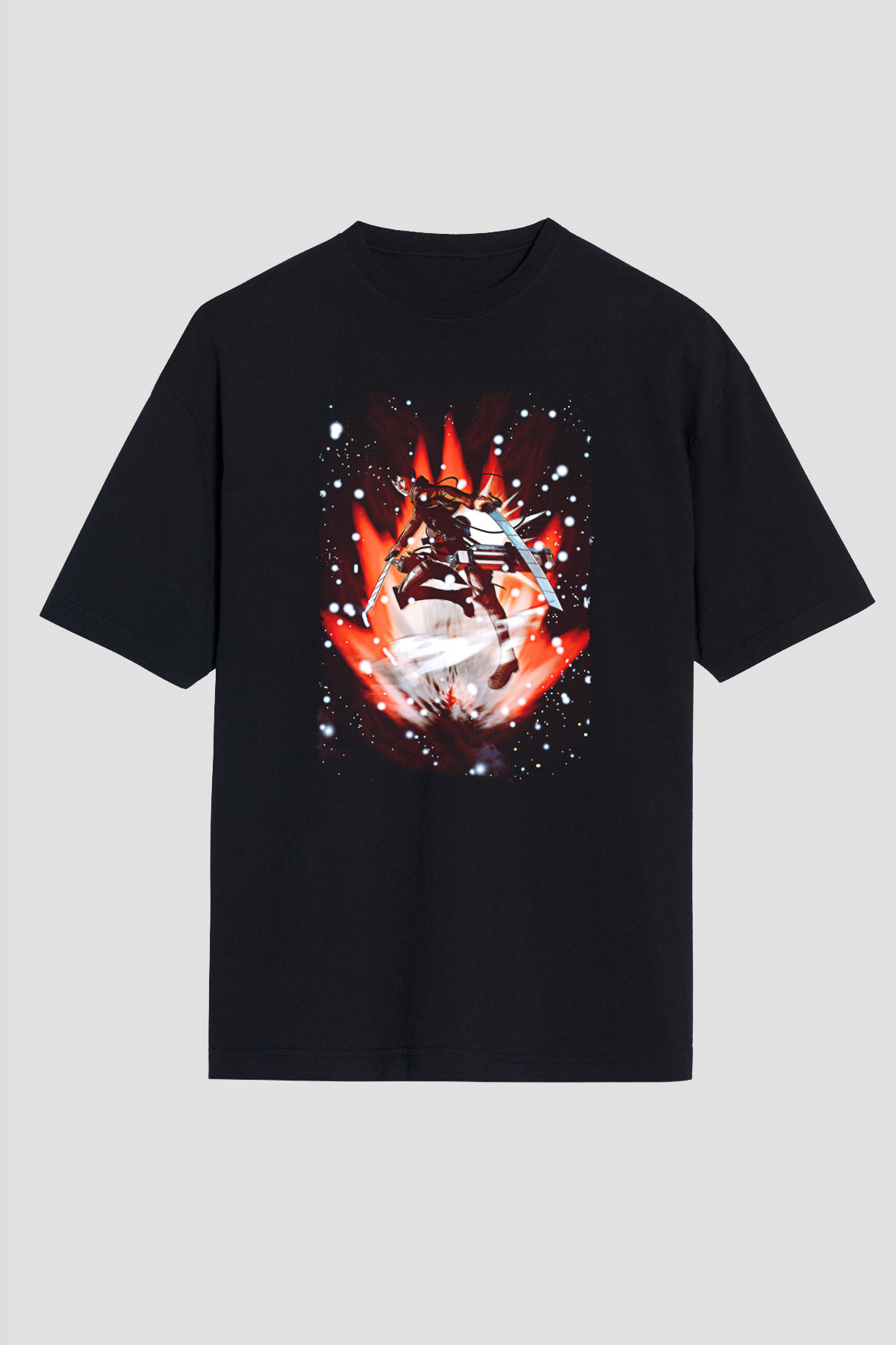 Attack On Titan Baskılı Unisex Siyah Oversize Tişört - Tshirt