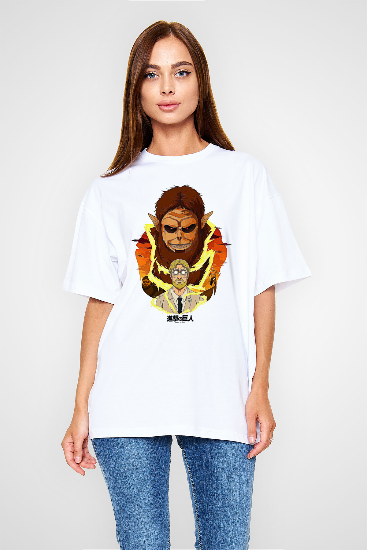 Attack On Titan Baskılı Unisex Siyah Oversize Tişört - Tshirt