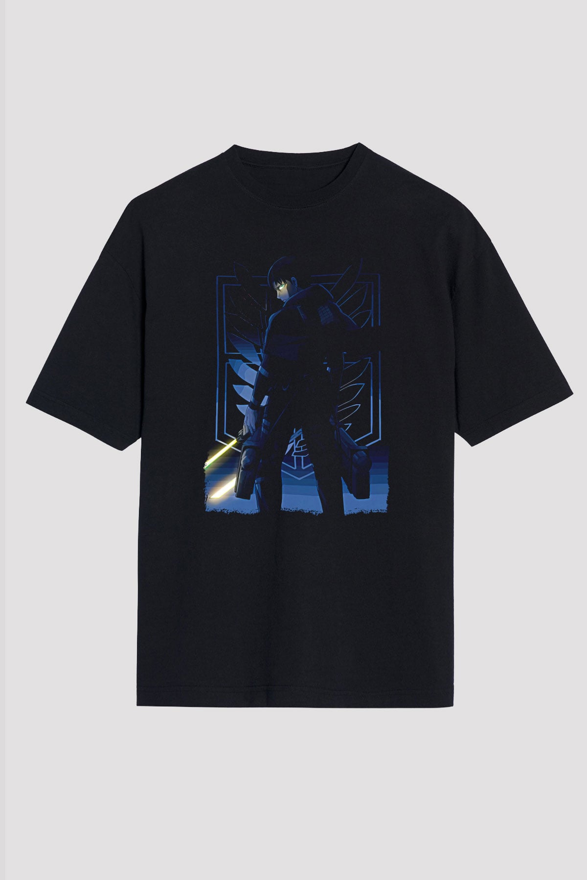 Attack On Titan Baskılı Unisex Siyah Oversize Tişört - Tshirt