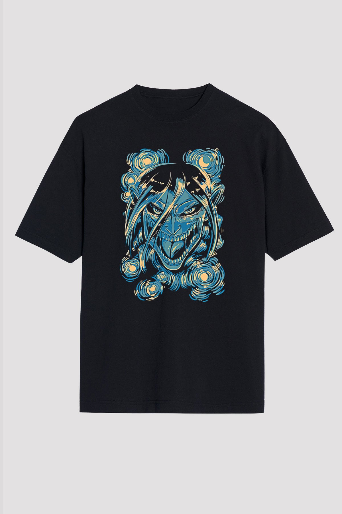 Attack On Titan Baskılı Unisex Siyah Oversize Tişört - Tshirt