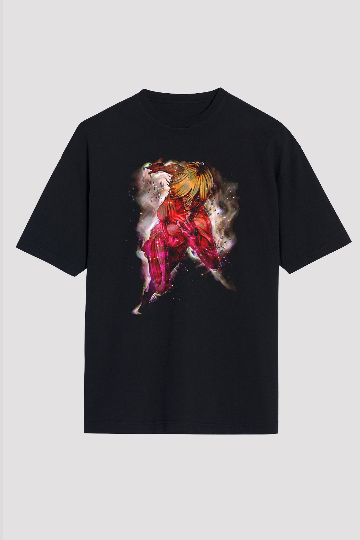 Attack On Titan Baskılı Unisex Siyah Oversize Tişört - Tshirt