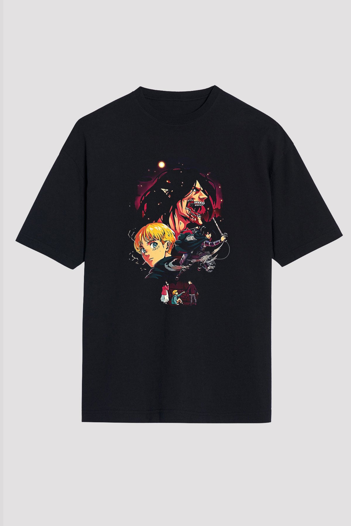 Attack On Titan Baskılı Unisex Siyah Oversize Tişört - Tshirt