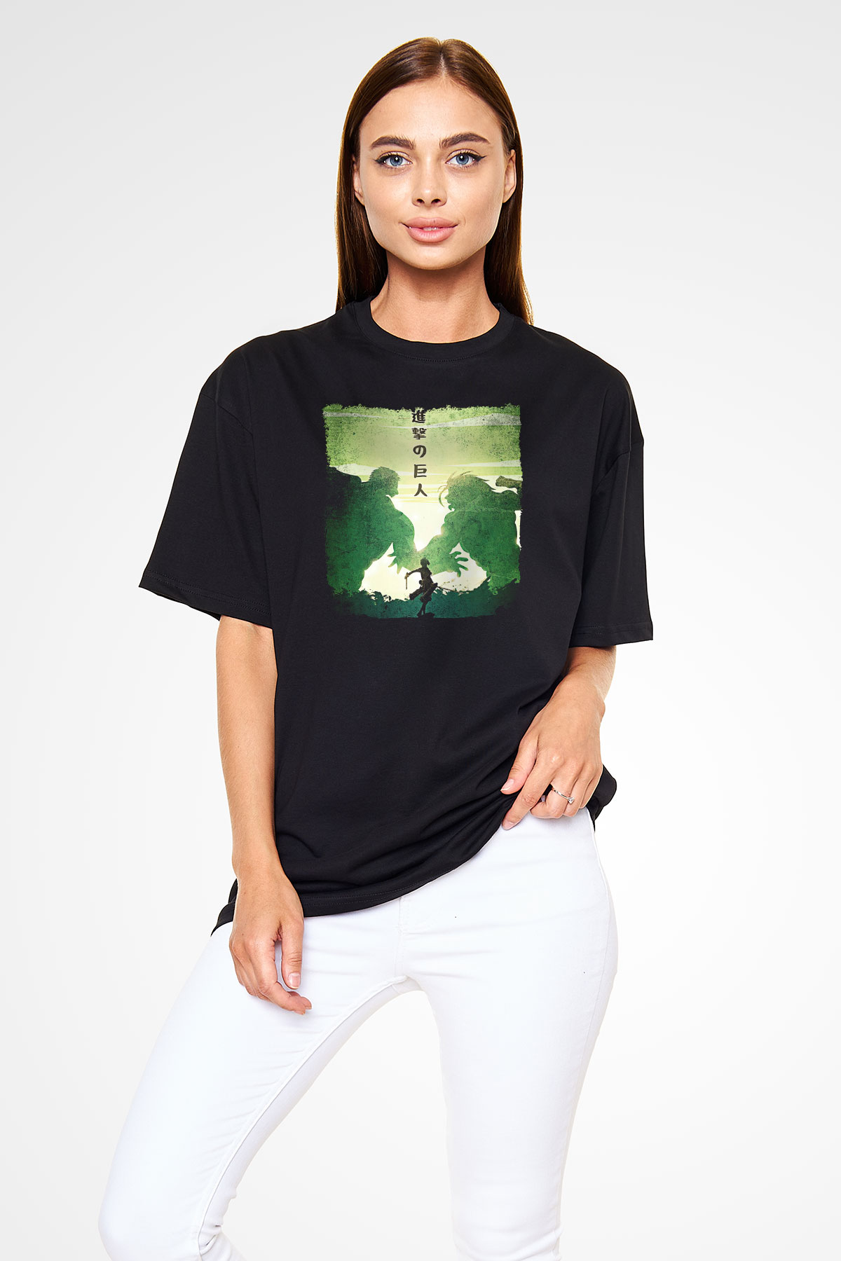 Attack On Titan Baskılı Unisex Siyah Oversize Tişört - Tshirt