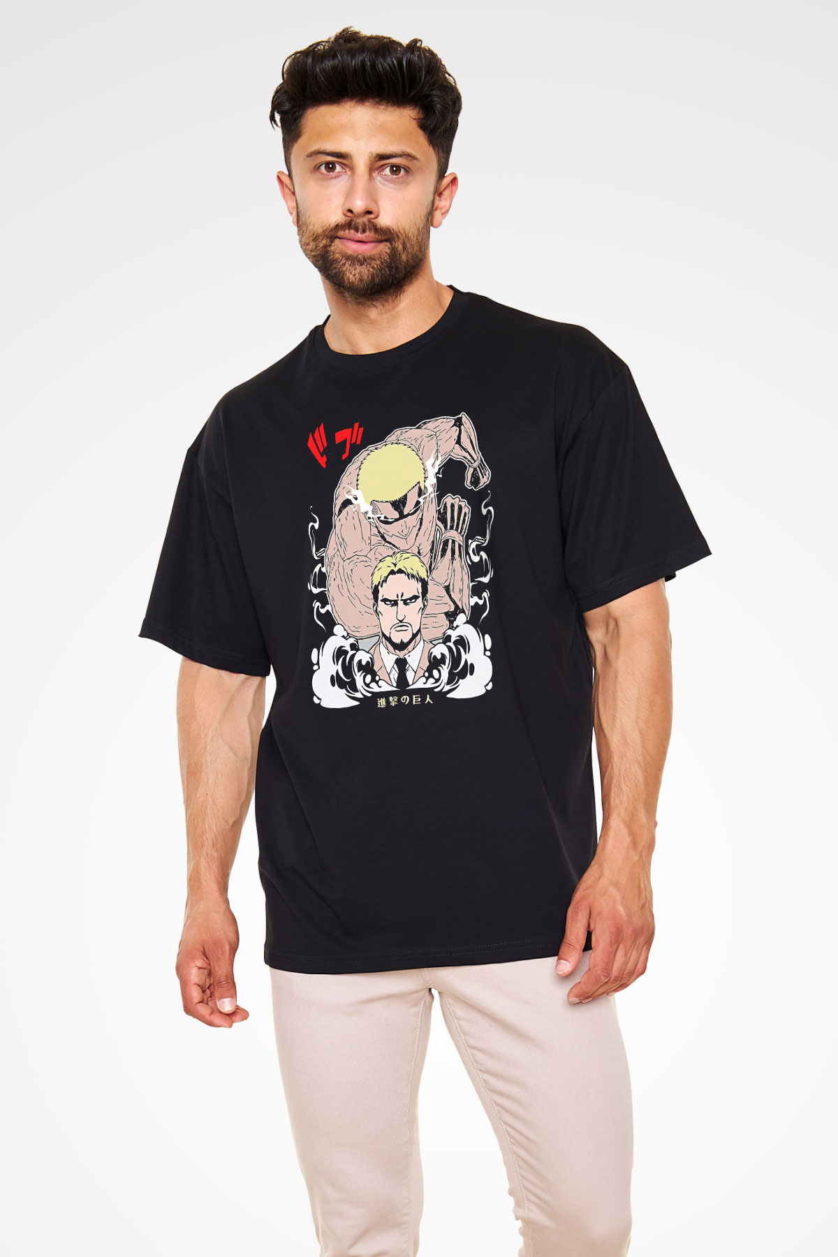 Attack On Titan Baskılı Unisex Siyah Oversize Tişört - Tshirt