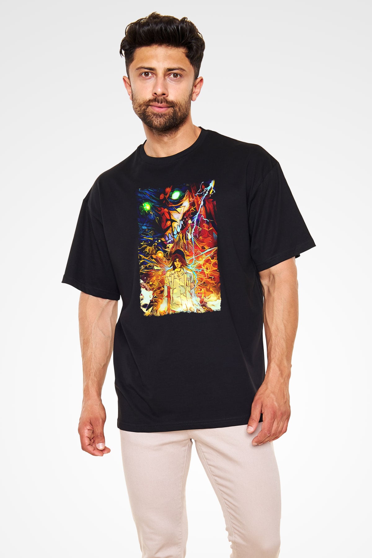 Attack On Titan Baskılı Unisex Siyah Oversize Tişört - Tshirt