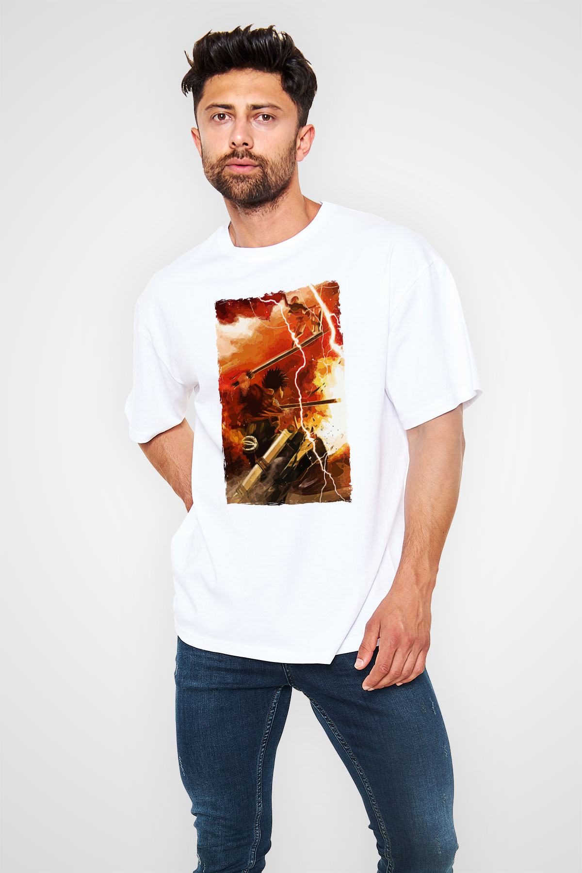 Attack On Titan Baskılı Unisex Siyah Oversize Tişört - Tshirt