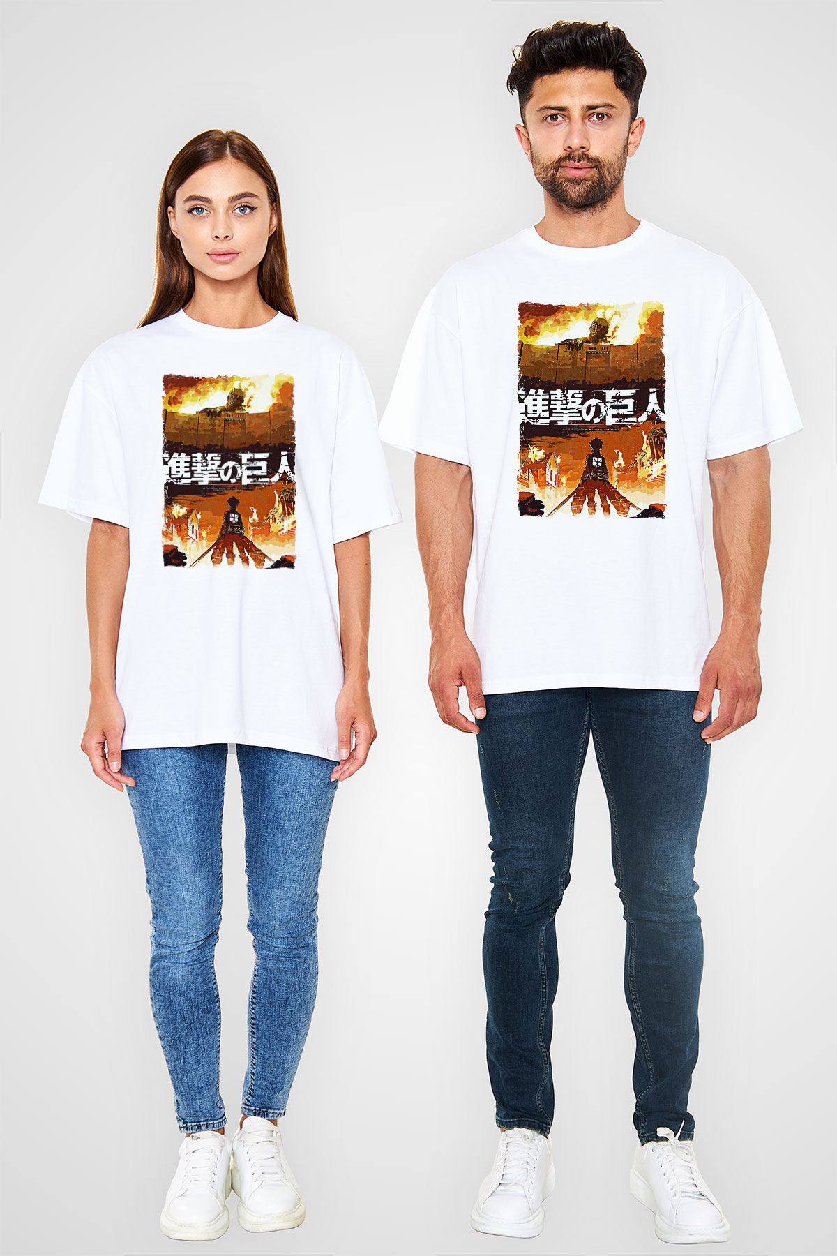 Attack On Titan Baskılı Unisex Siyah Oversize Tişört - Tshirt
