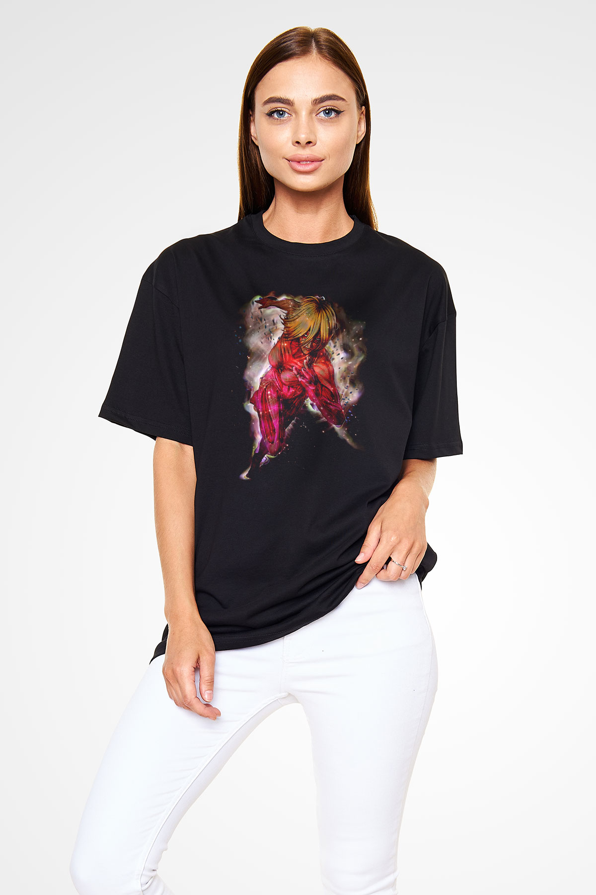 Attack On Titan Baskılı Unisex Siyah Oversize Tişört - Tshirt