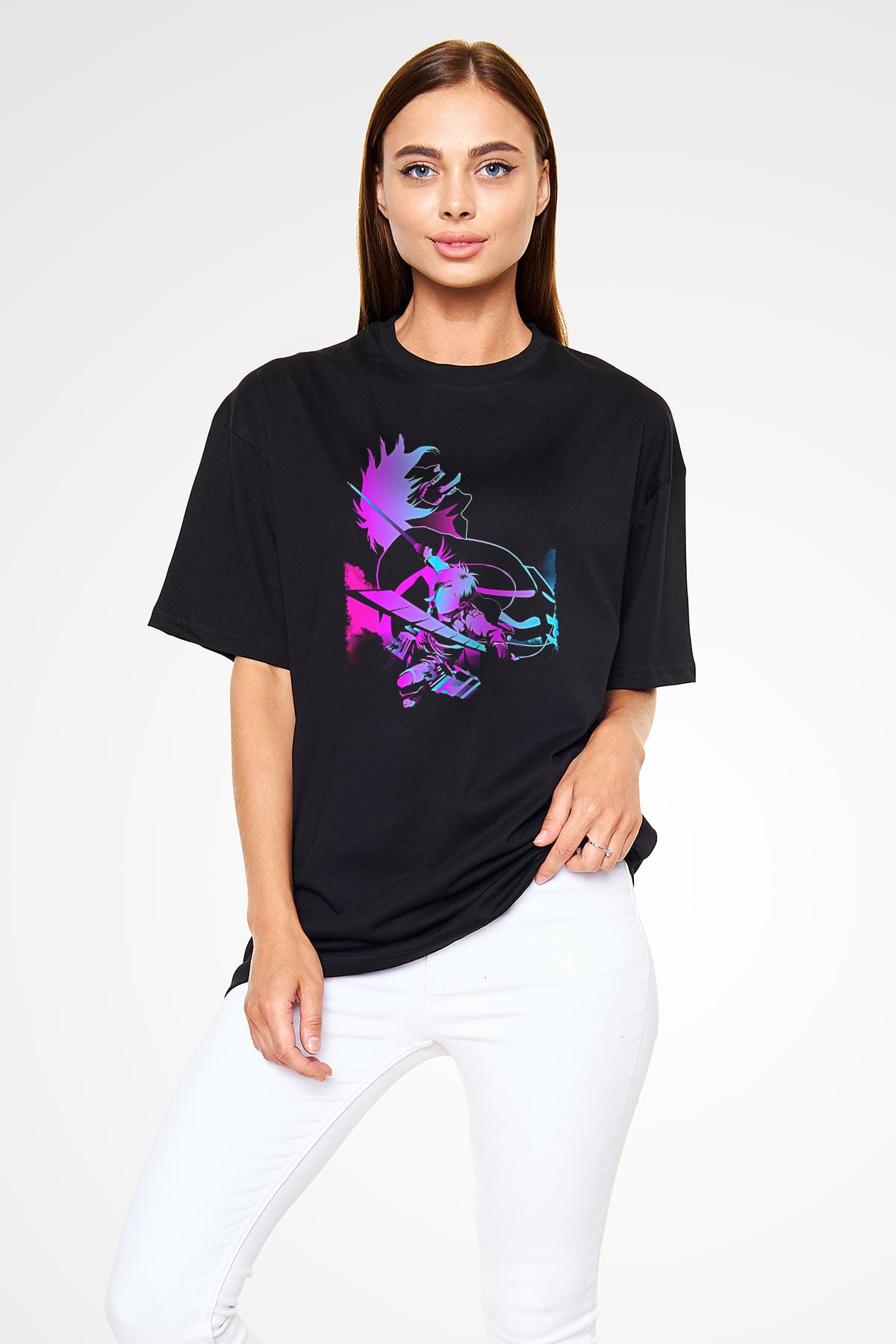 Attack On Titan Baskılı Unisex Siyah Oversize Tişört - Tshirt