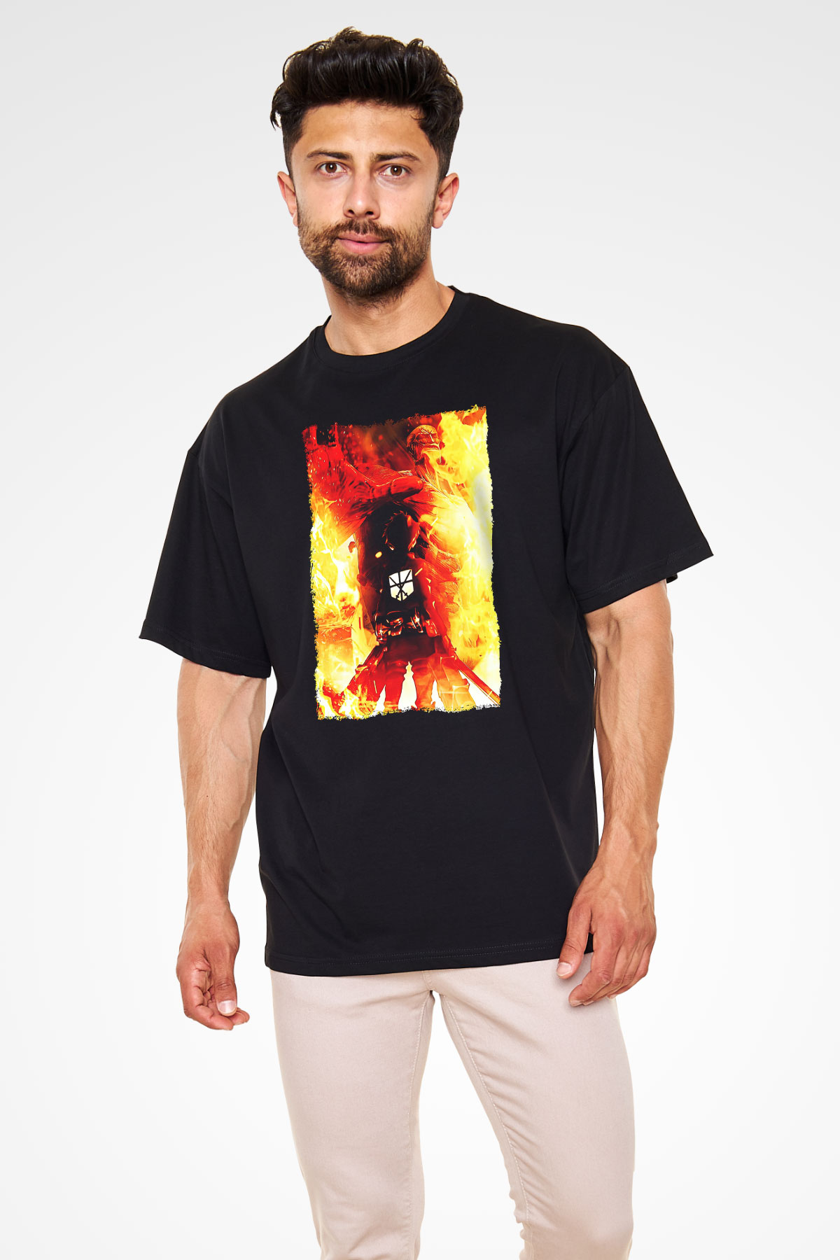 Attack On Titan Baskılı Unisex Siyah Oversize Tişört - Tshirt