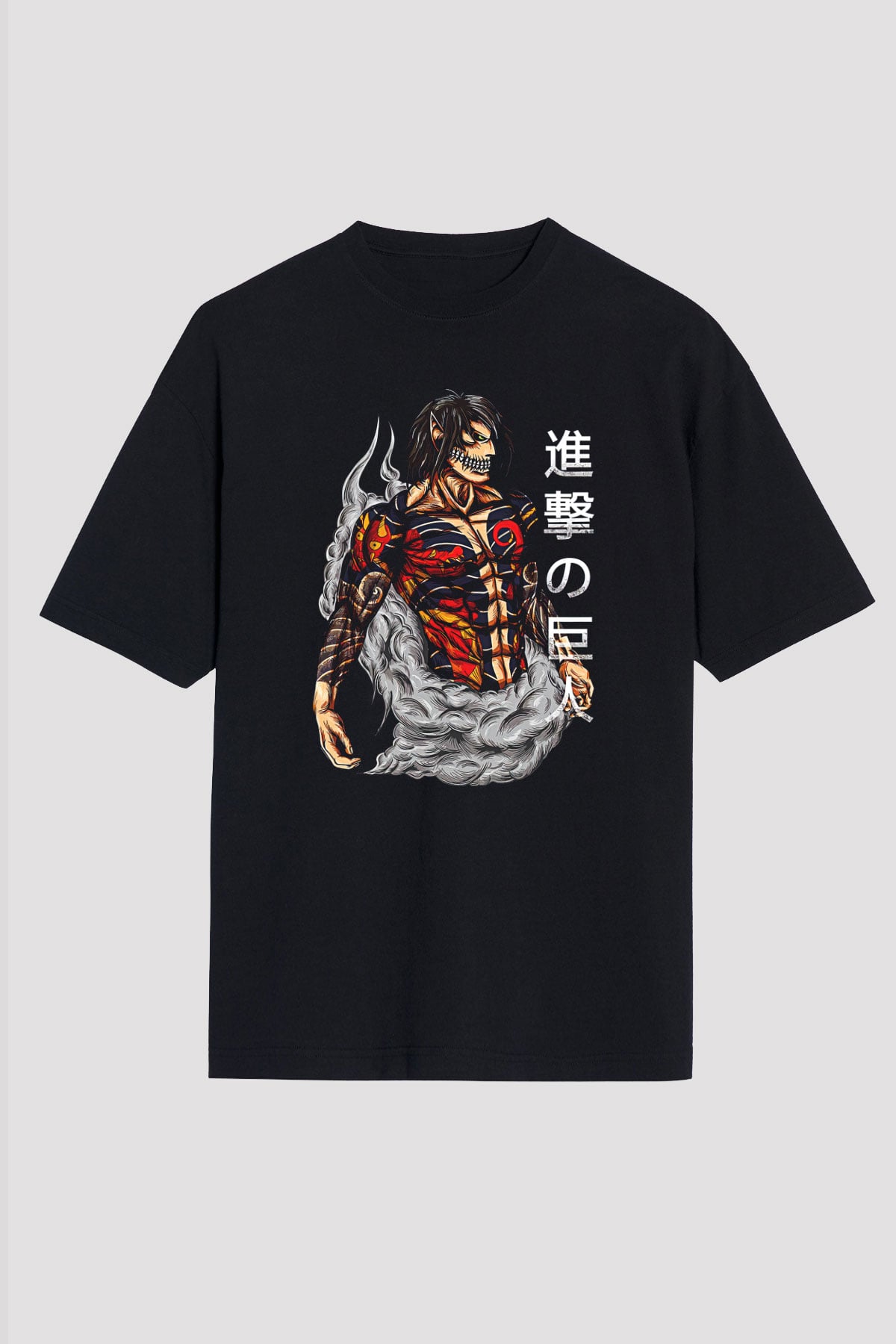 Attack On Titan Baskılı Unisex Siyah Oversize Tişört - Tshirt