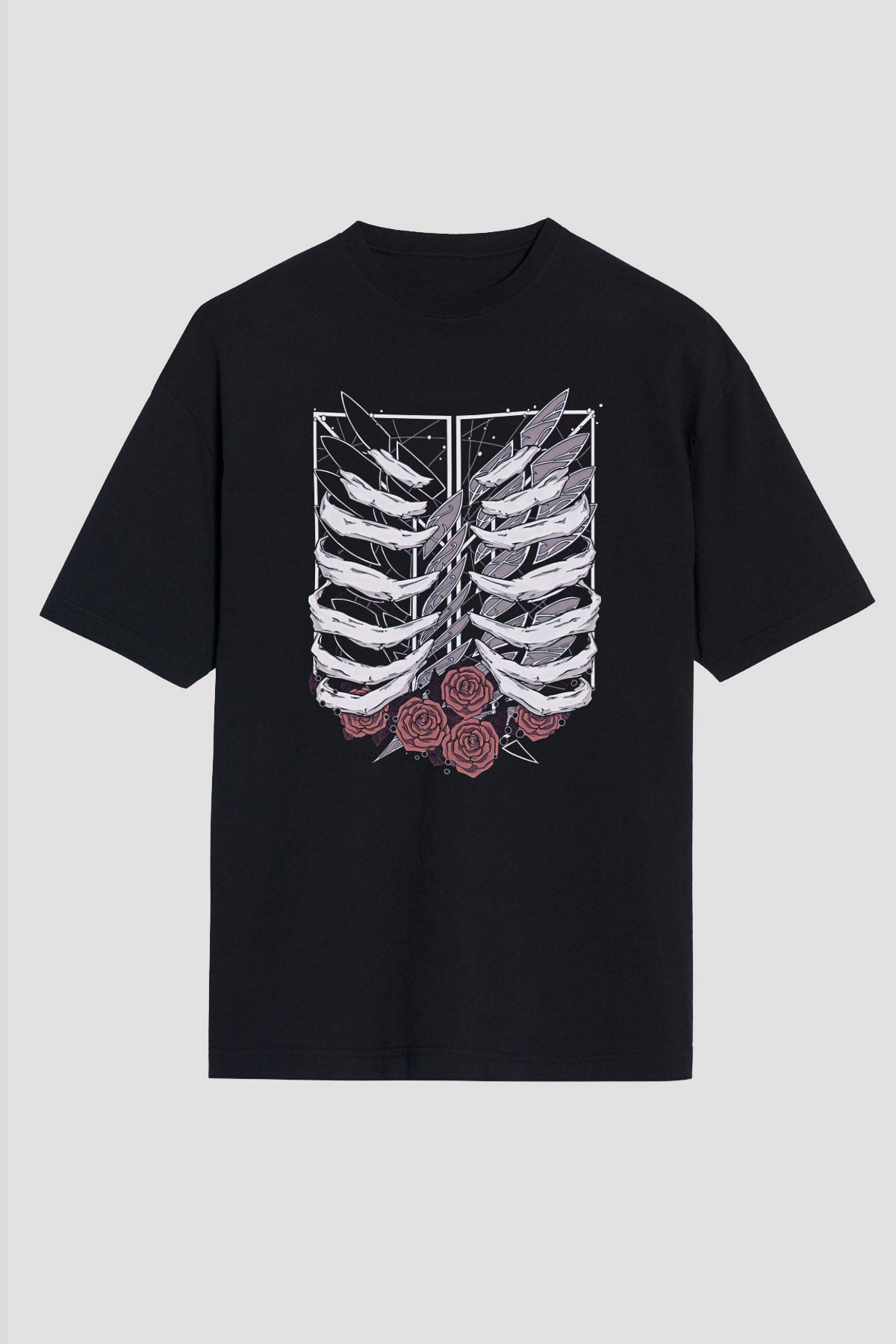 Attack On Titan Baskılı Unisex Siyah Oversize Tişört - Tshirt