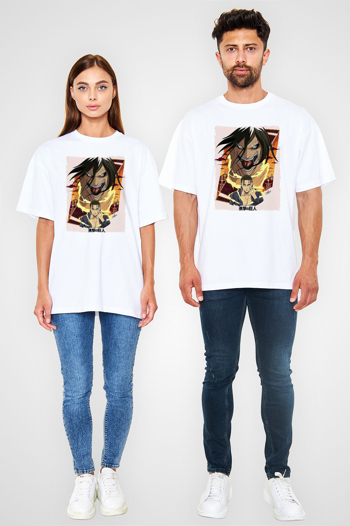 Attack On Titan Baskılı Unisex Siyah Oversize Tişört - Tshirt