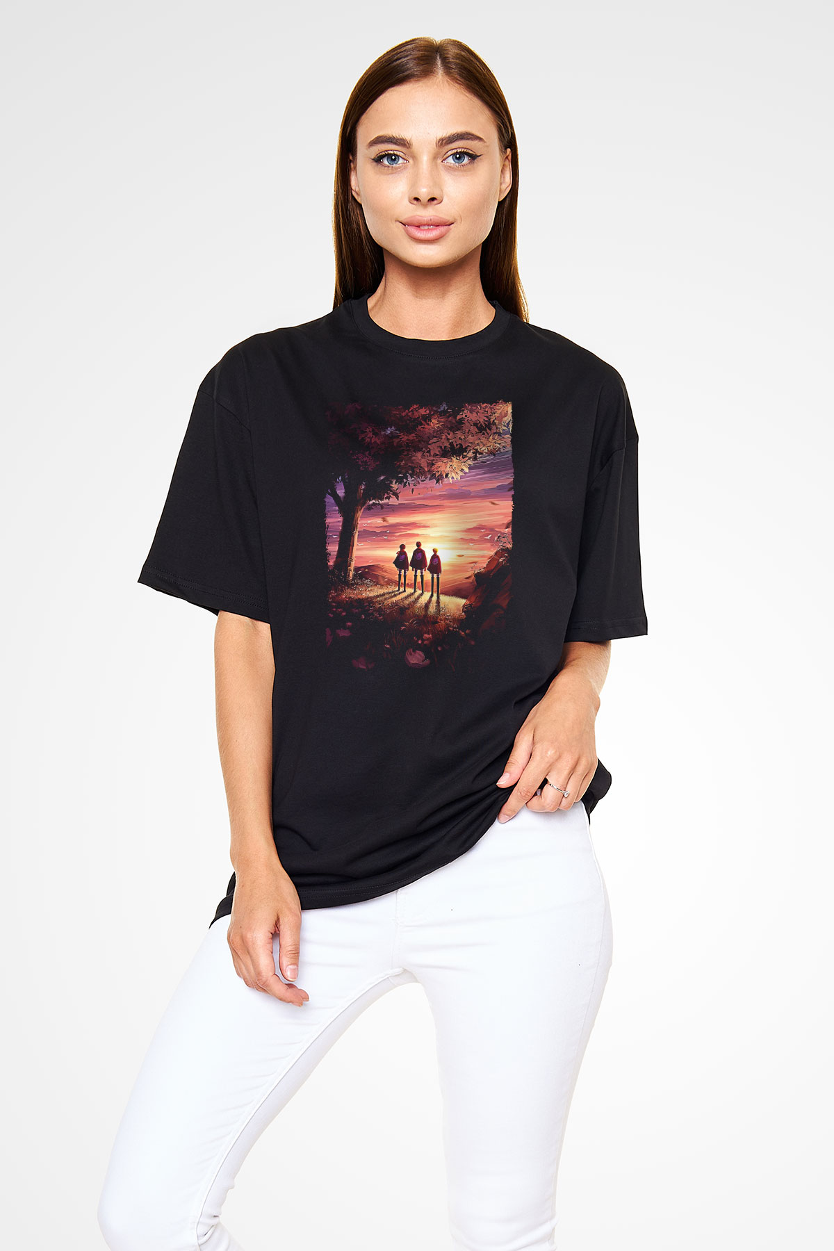 Attack On Titan Baskılı Unisex Siyah Oversize Tişört - Tshirt