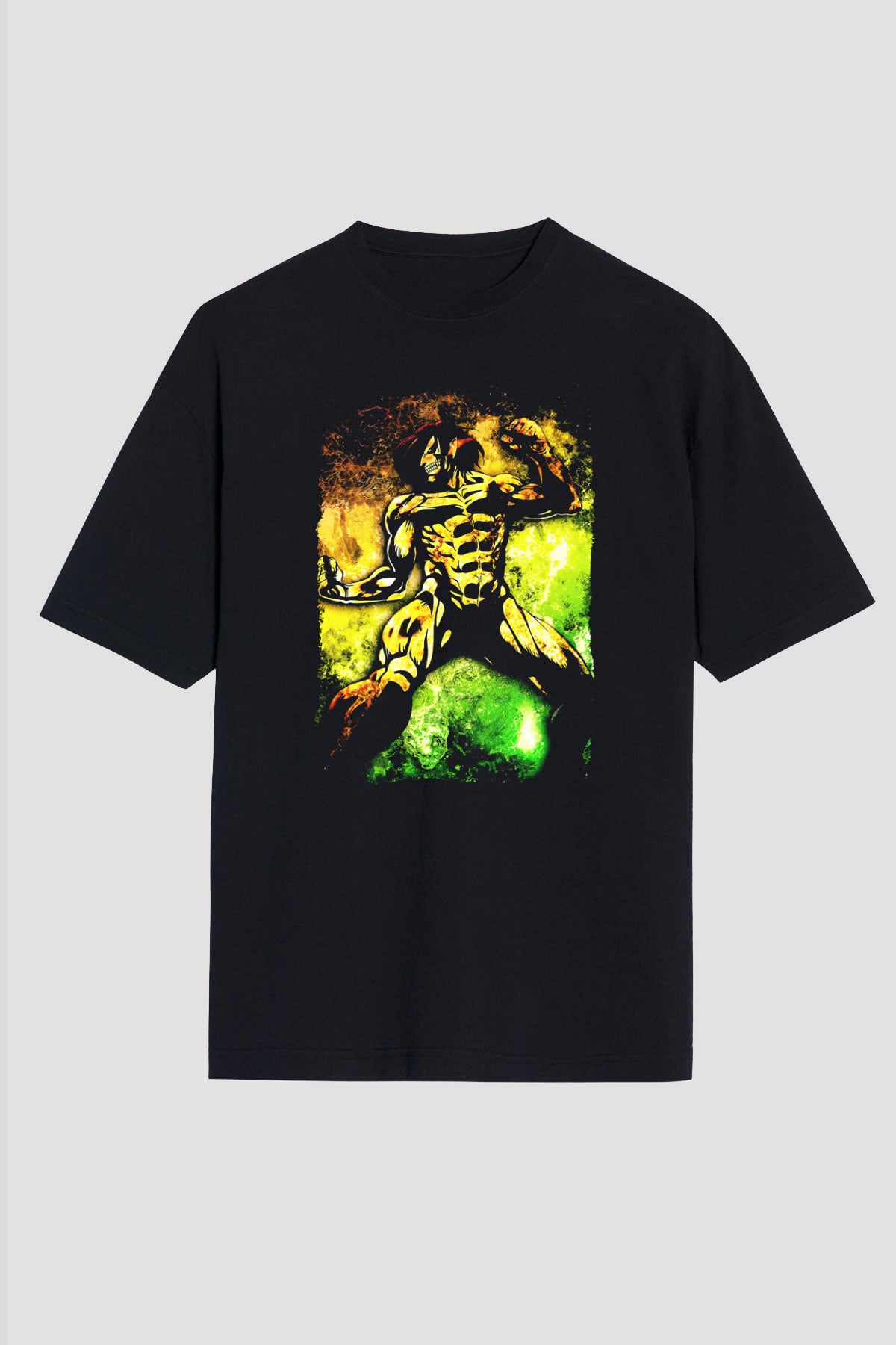 Attack On Titan Baskılı Unisex Siyah Oversize Tişört - Tshirt