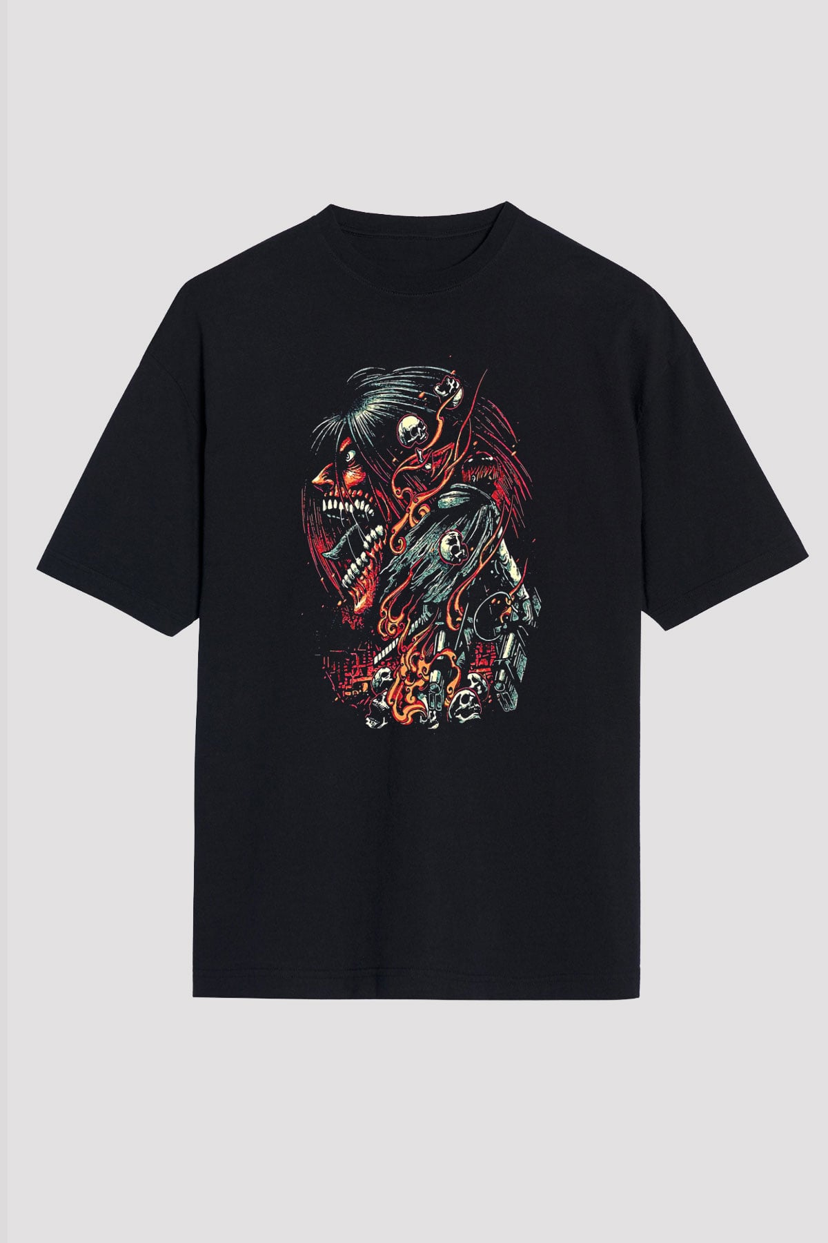 Attack On Titan Baskılı Unisex Siyah Oversize Tişört - Tshirt