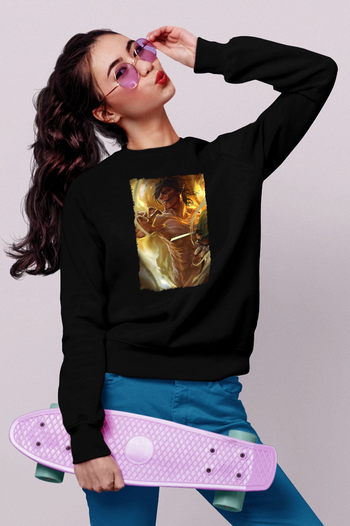 Attack On Titan Baskılı Unisex Siyah Sweatshirt