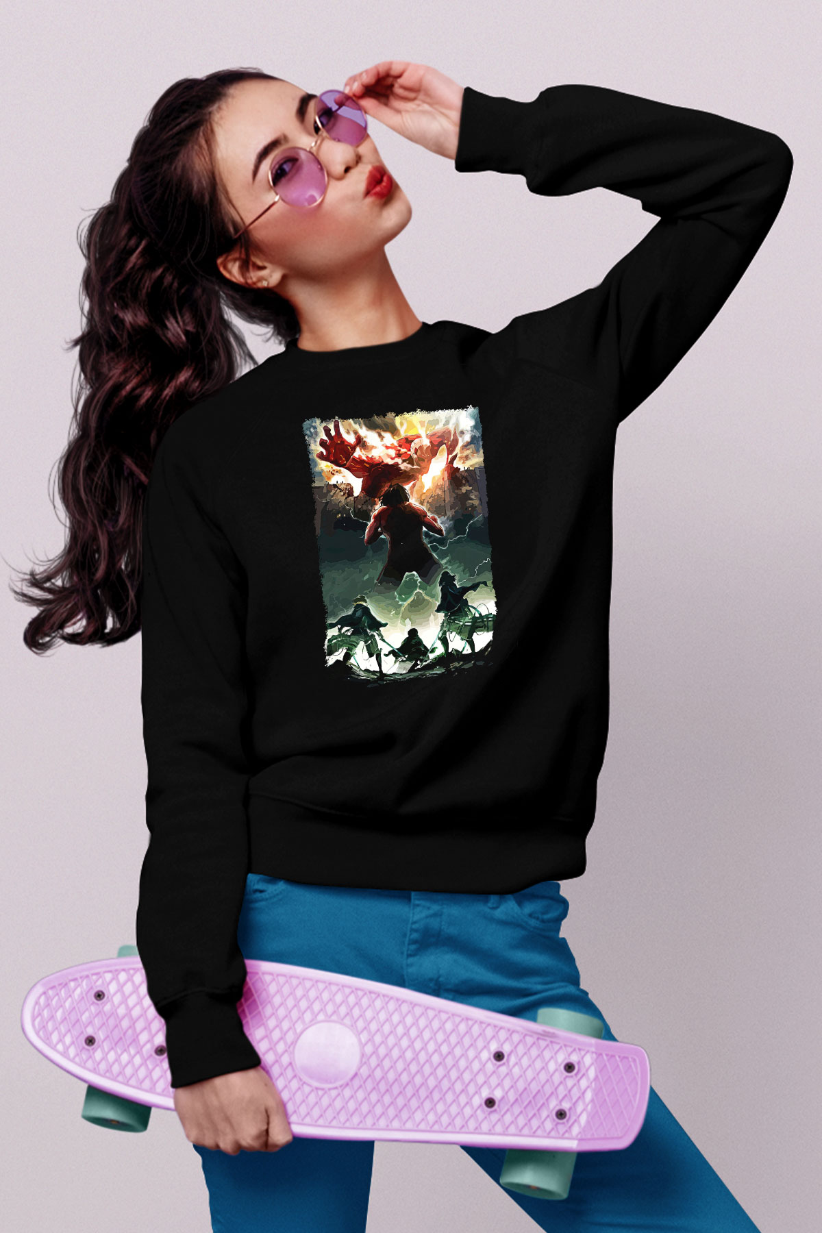 Attack On Titan Baskılı Unisex Siyah Sweatshirt