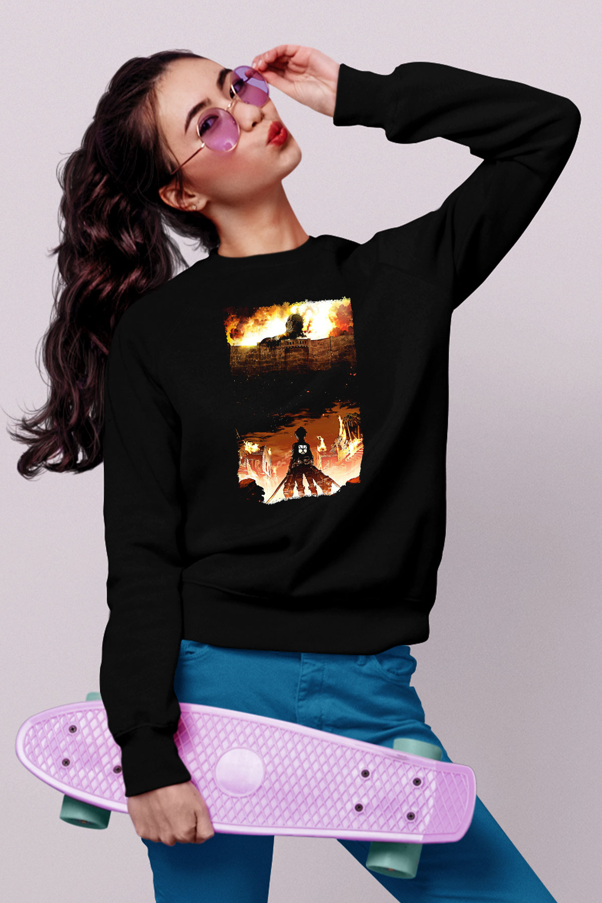Attack On Titan Baskılı Unisex Siyah Sweatshirt