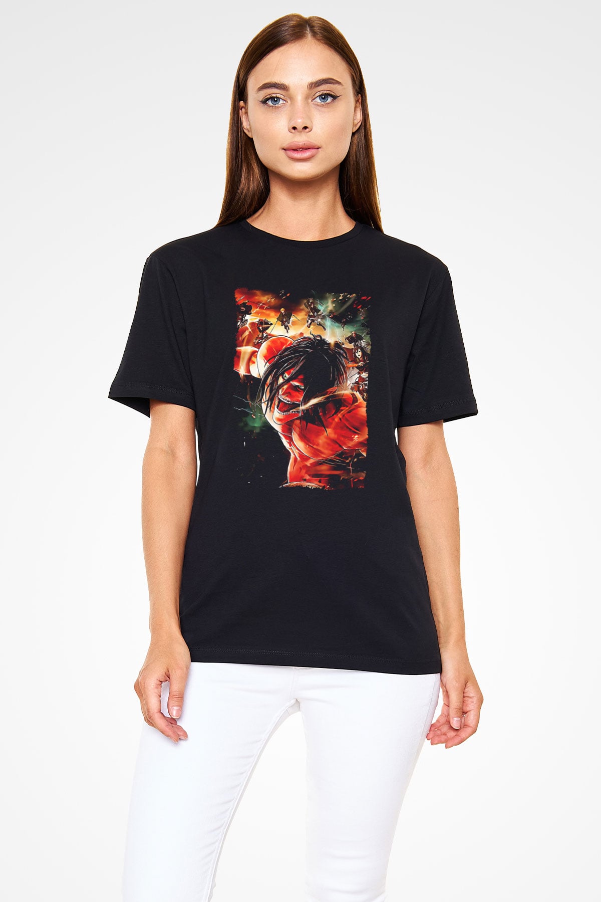 Attack On Titan Baskılı Unisex Siyah Tişört - Tshirt