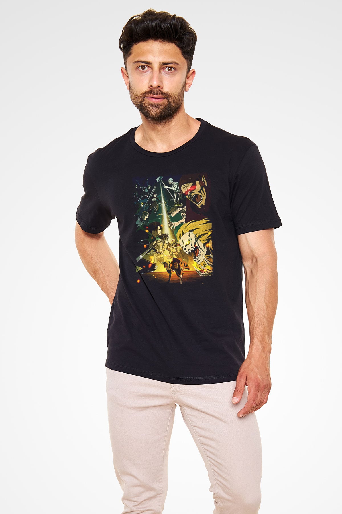 Attack On Titan Baskılı Unisex Siyah Tişört - Tshirt