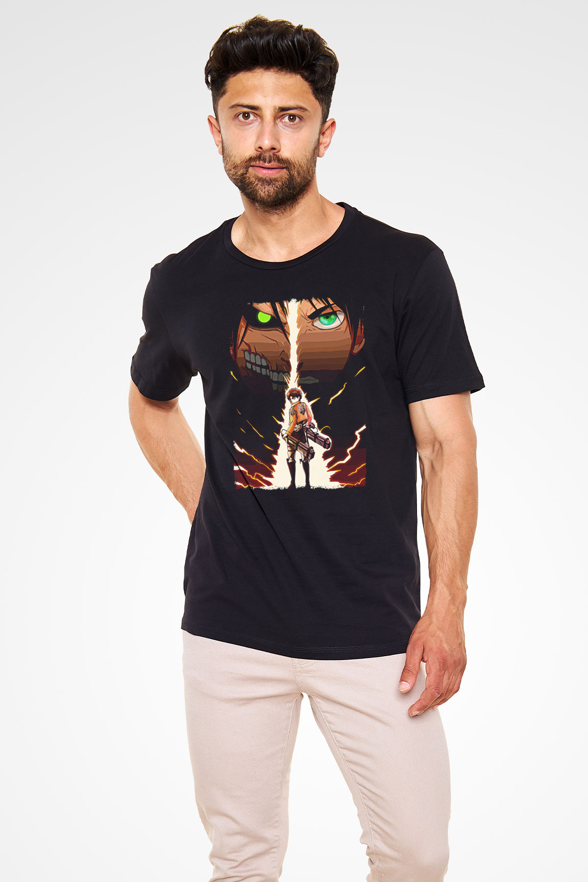Attack On Titan Baskılı Unisex Siyah Tişört - Tshirt