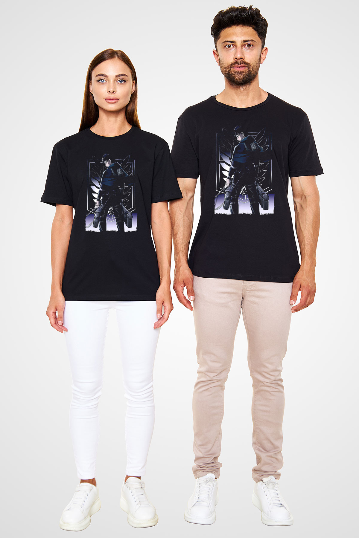 Attack On Titan Baskılı Unisex Siyah Tişört - Tshirt