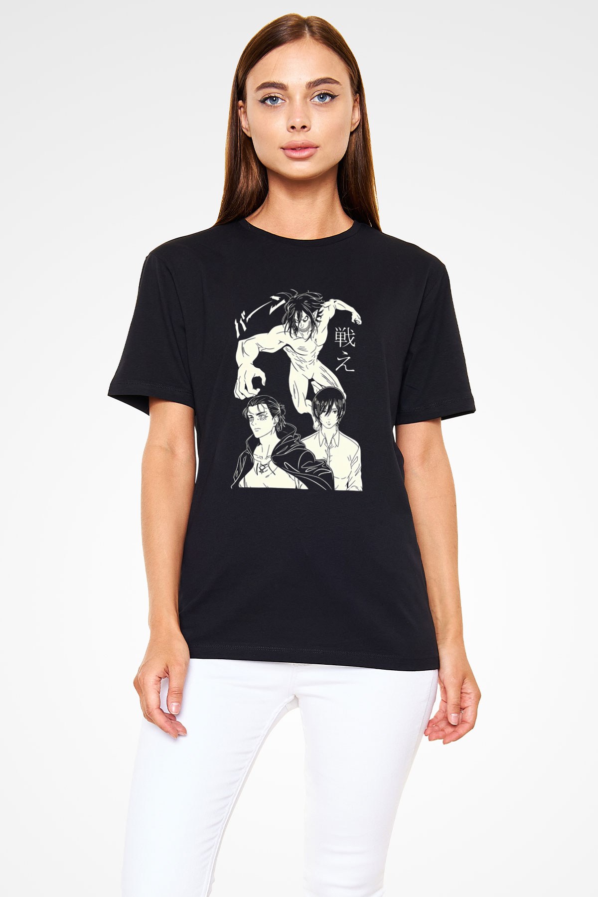 Attack On Titan Baskılı Unisex Siyah Tişört - Tshirt