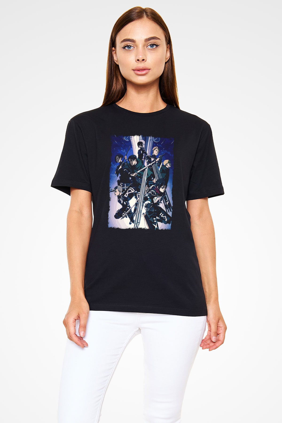 Attack On Titan Baskılı Unisex Siyah Tişört - Tshirt
