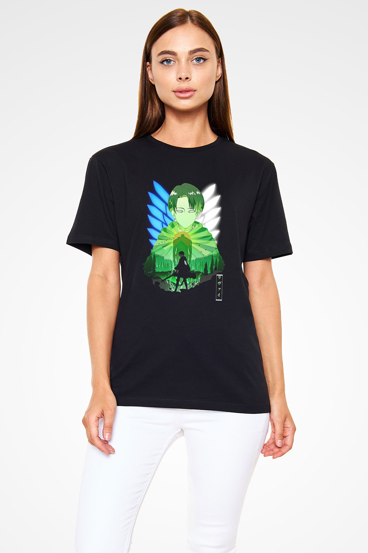 Attack On Titan Baskılı Unisex Siyah Tişört - Tshirt