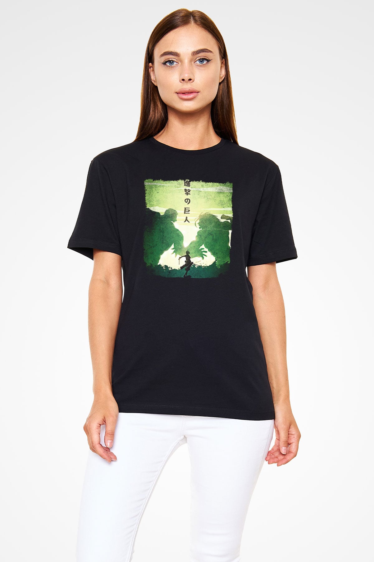 Attack On Titan Baskılı Unisex Siyah Tişört - Tshirt