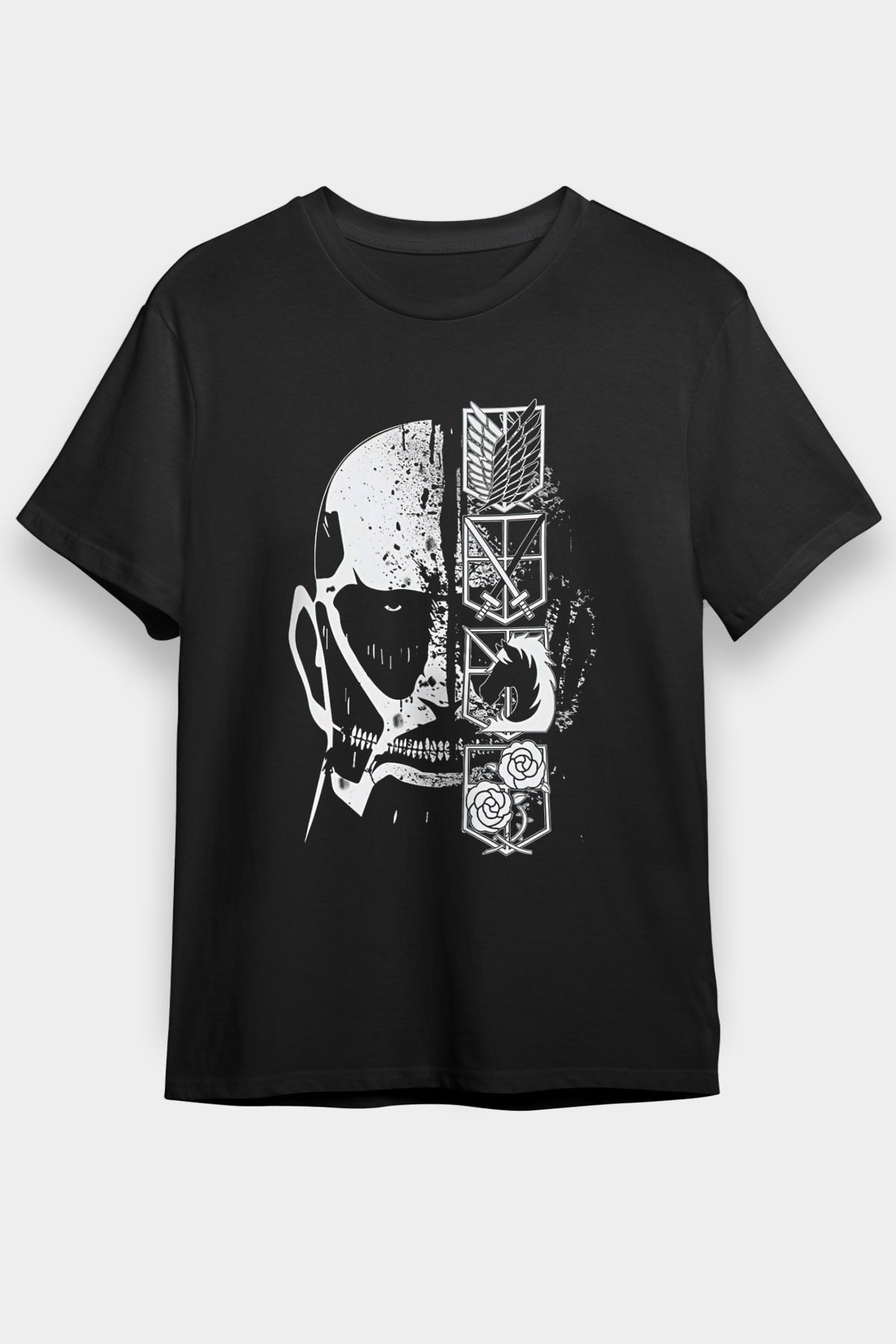 Attack On Titan Baskılı Unisex Siyah Tişört - Tshirt