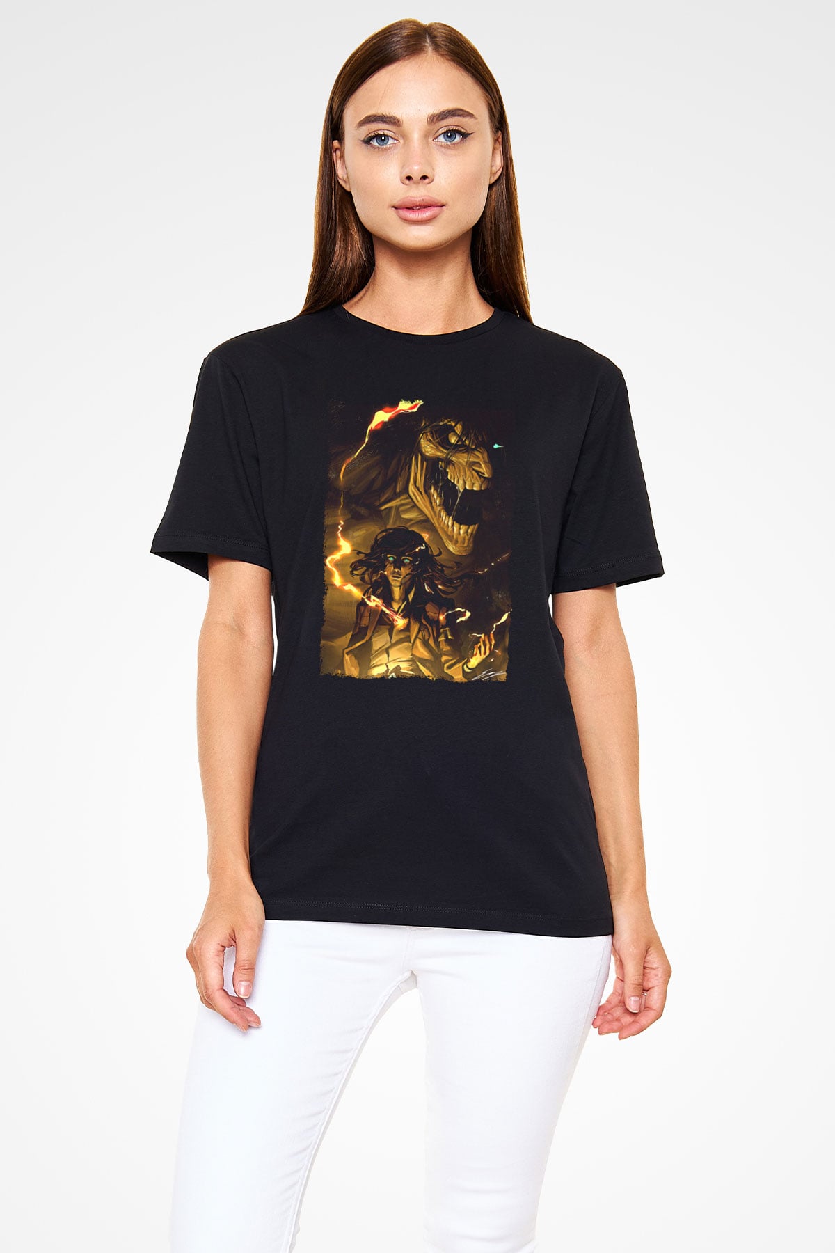 Attack On Titan Baskılı Unisex Siyah Tişört - Tshirt