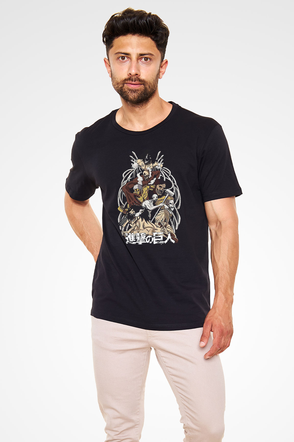 Attack On Titan Baskılı Unisex Siyah Tişört - Tshirt