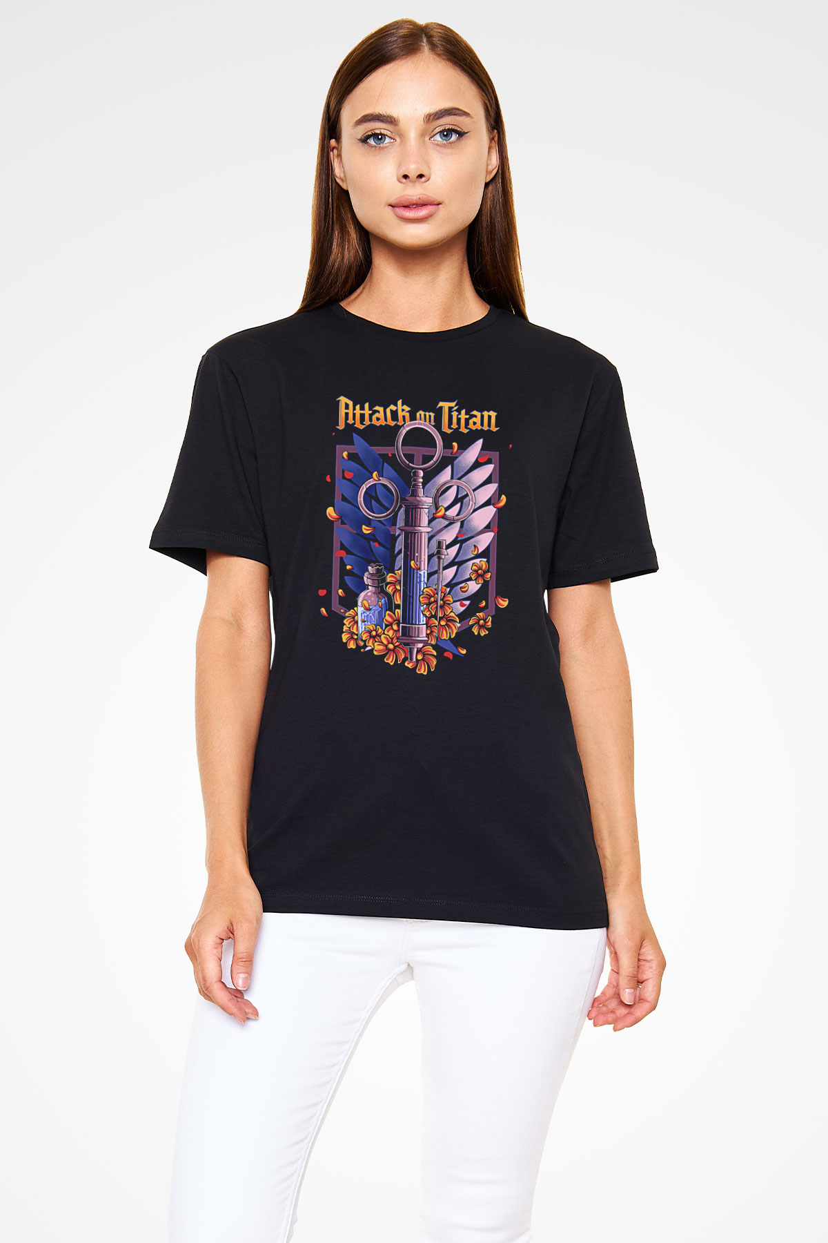 Attack On Titan Baskılı Unisex Siyah Tişört - Tshirt