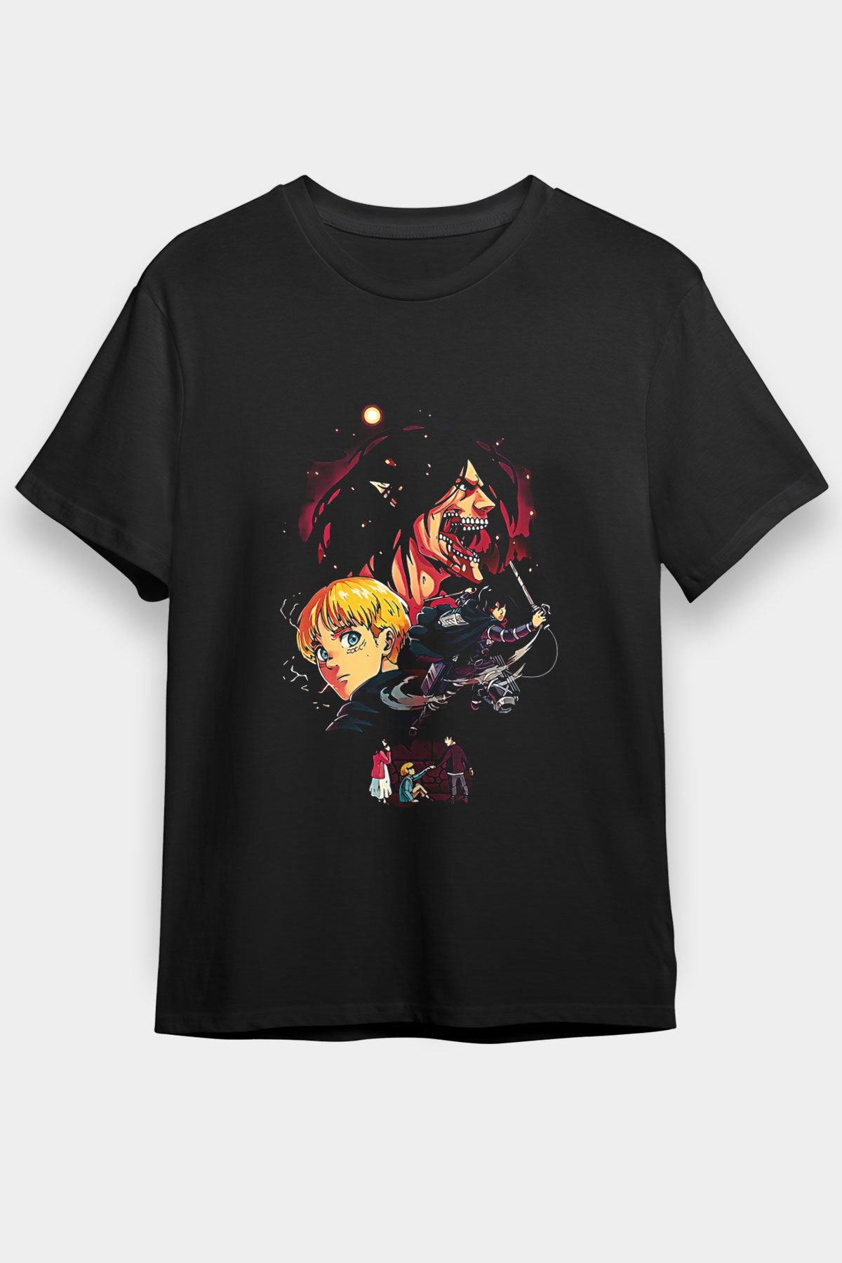 Attack On Titan Baskılı Unisex Siyah Tişört - Tshirt