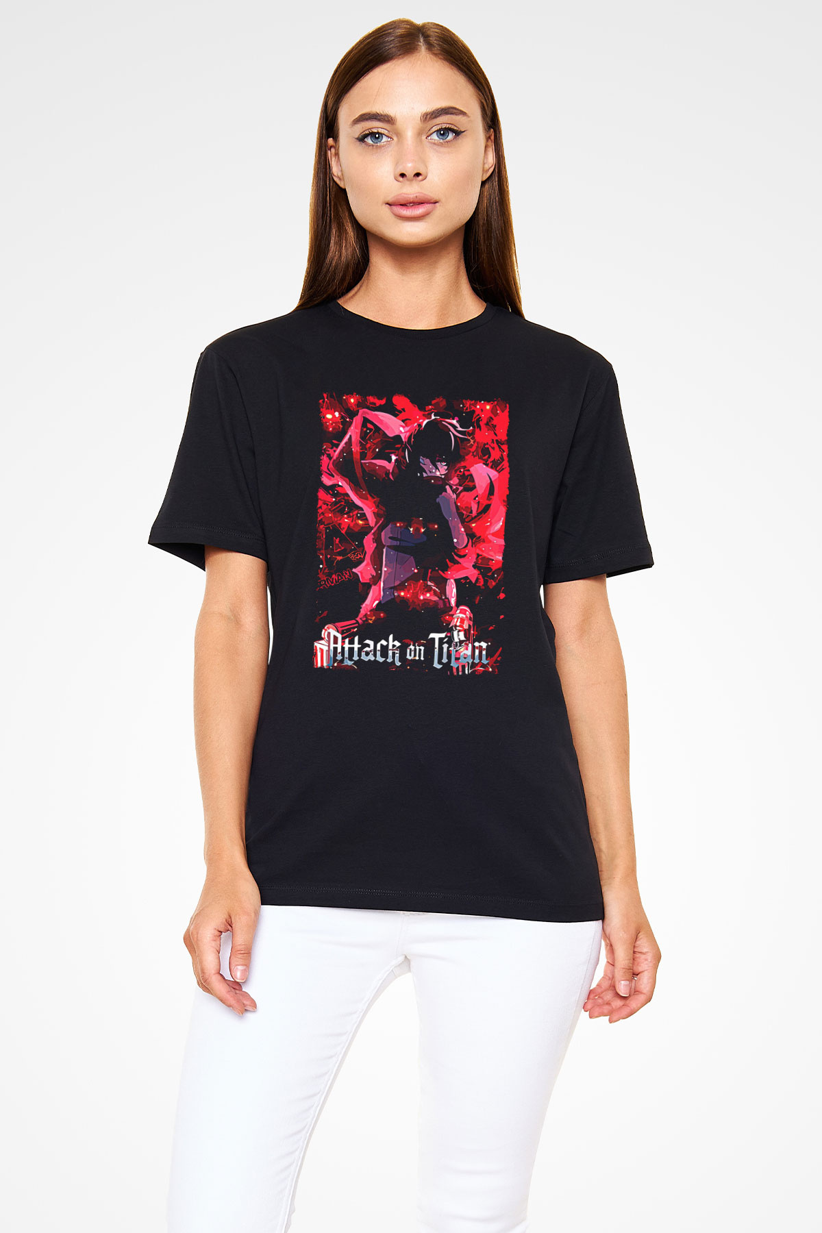 Attack On Titan Baskılı Unisex Siyah Tişört - Tshirt