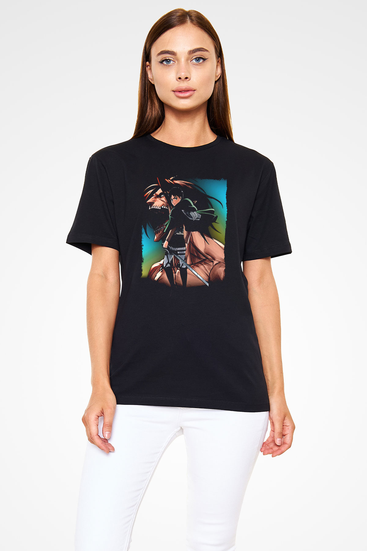 Attack On Titan Baskılı Unisex Siyah Tişört - Tshirt
