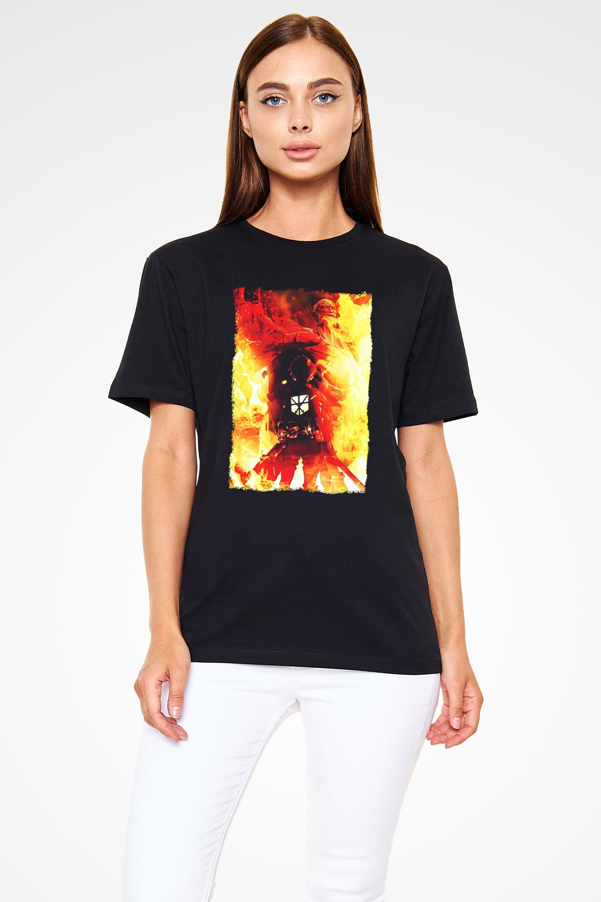 Attack On Titan Baskılı Unisex Siyah Tişört - Tshirt