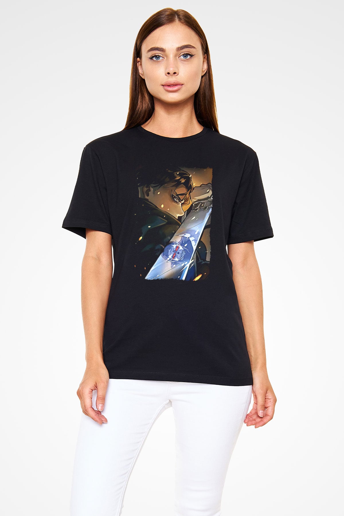 Attack On Titan Baskılı Unisex Siyah Tişört - Tshirt
