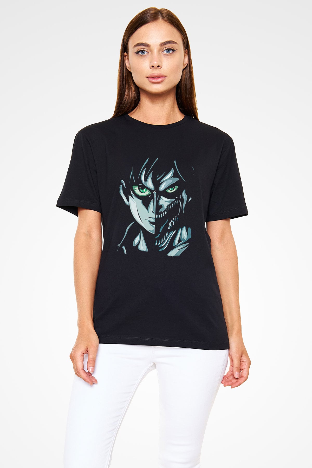 Attack On Titan Baskılı Unisex Siyah Tişört - Tshirt