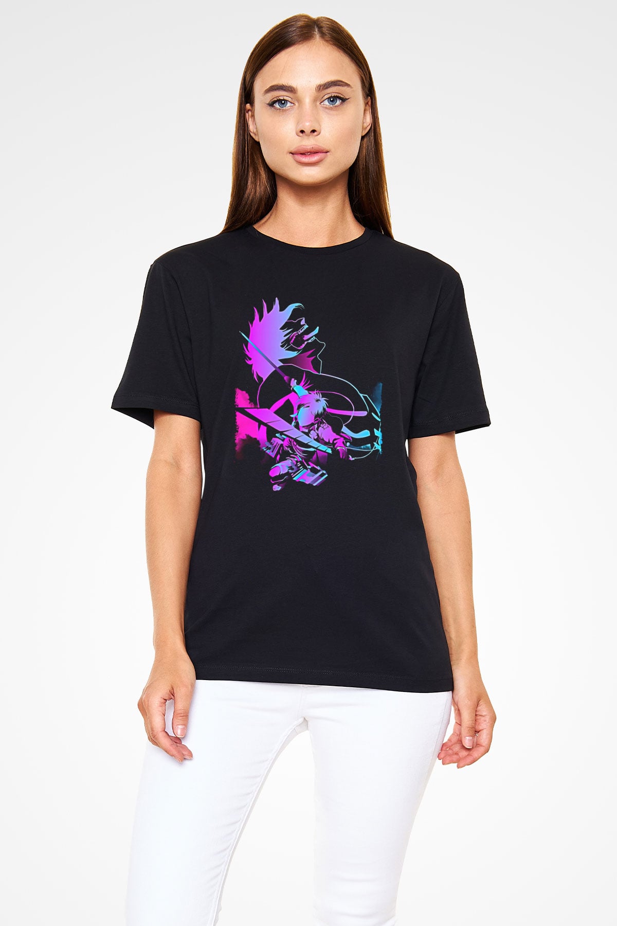 Attack On Titan Baskılı Unisex Siyah Tişört - Tshirt